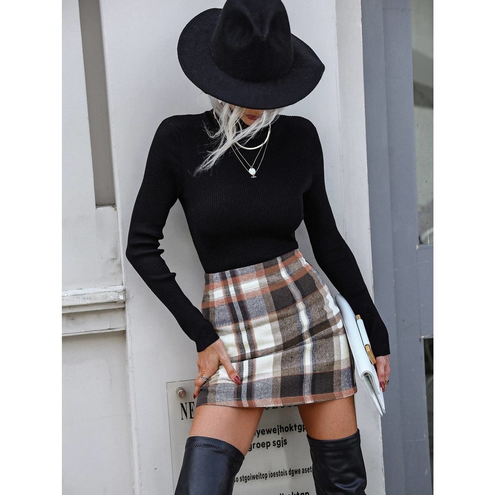 Plaid Wool Mix Bodycon mini Skirt tan white brown - Picture 3 of 5